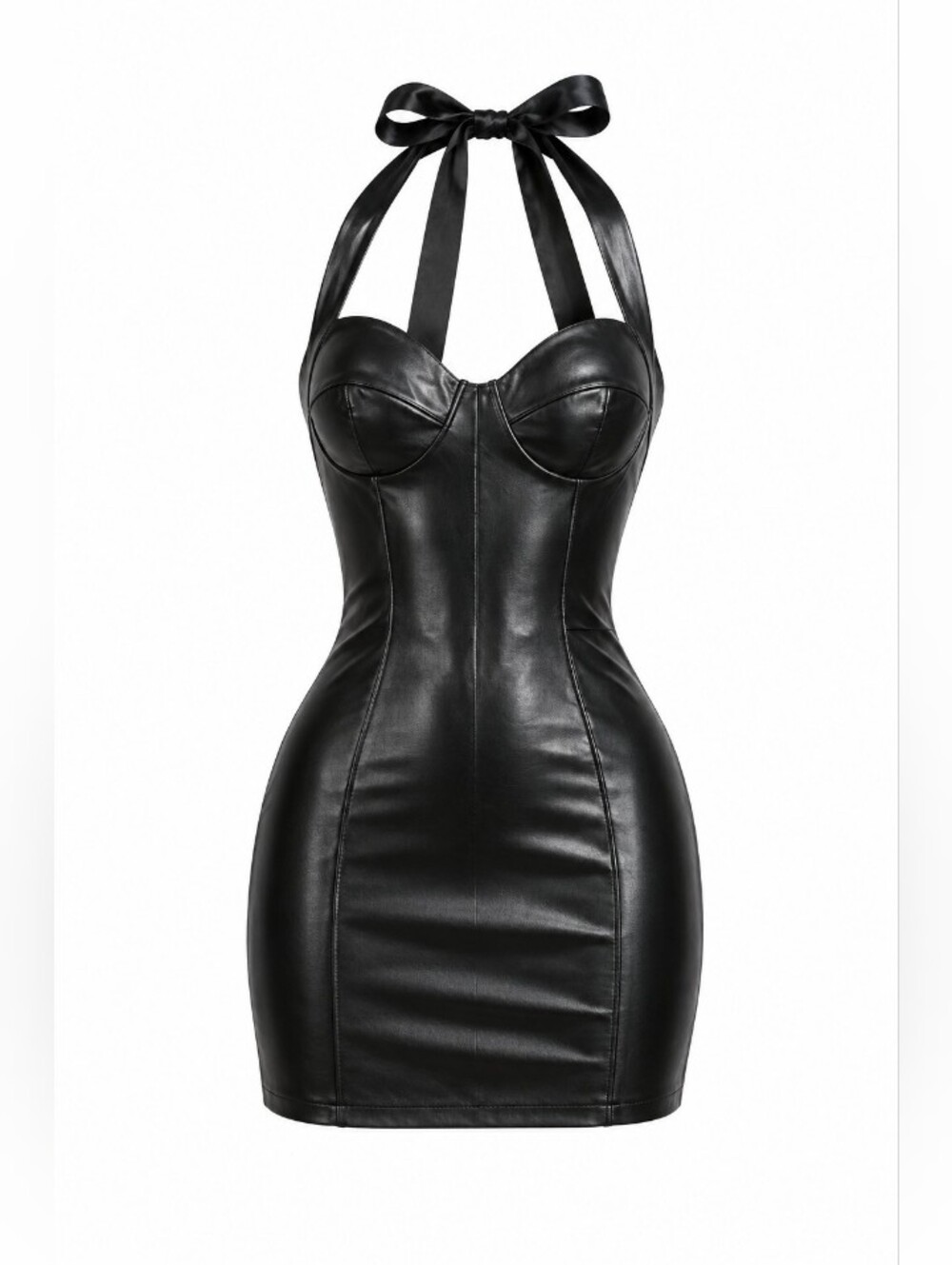 Black Faux Leather Halter Bodycon Dress - Women